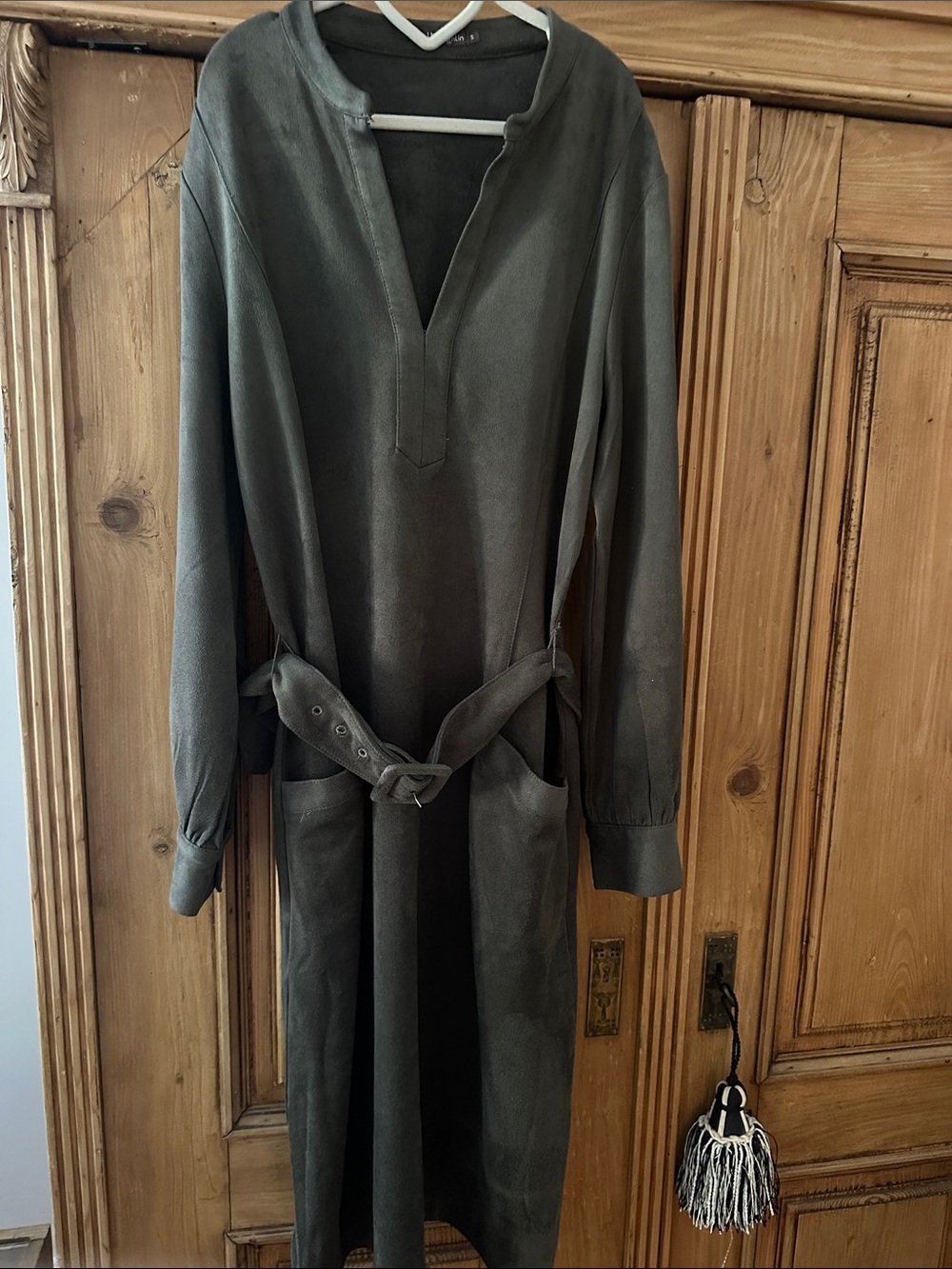 J McLaughlin Haarlem Long Sleeve Belted Trench Dress in olive faux suede